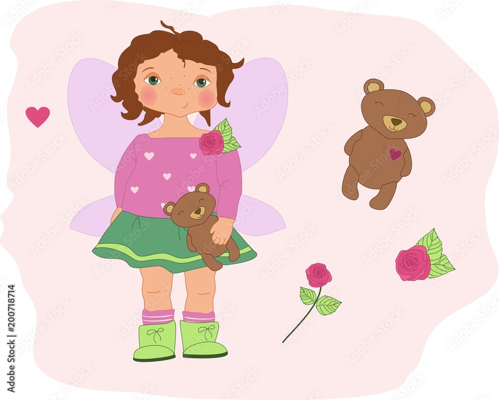 Little child girl with bear toy