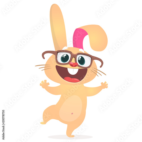 Happy cartoon rabbit wearing big eyesglasses waving hand. Vector illustration of smart bunny photo