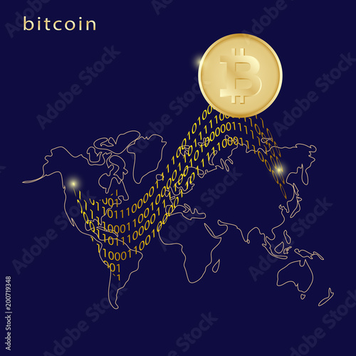 Golden bitcoin digital currency with arrow and world map on dark blue background. Remittance, futuristic digital money, technology worldwide network concept, vector