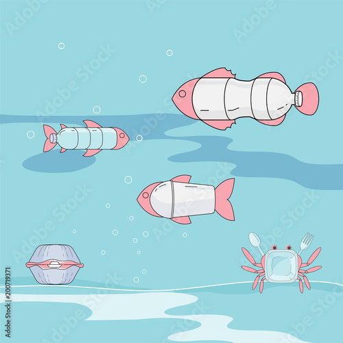 Single-use plastic pollutes the sea. Marine creatures have ingested plastic trash. Ocean plastic pollution concept. Vector illustration.