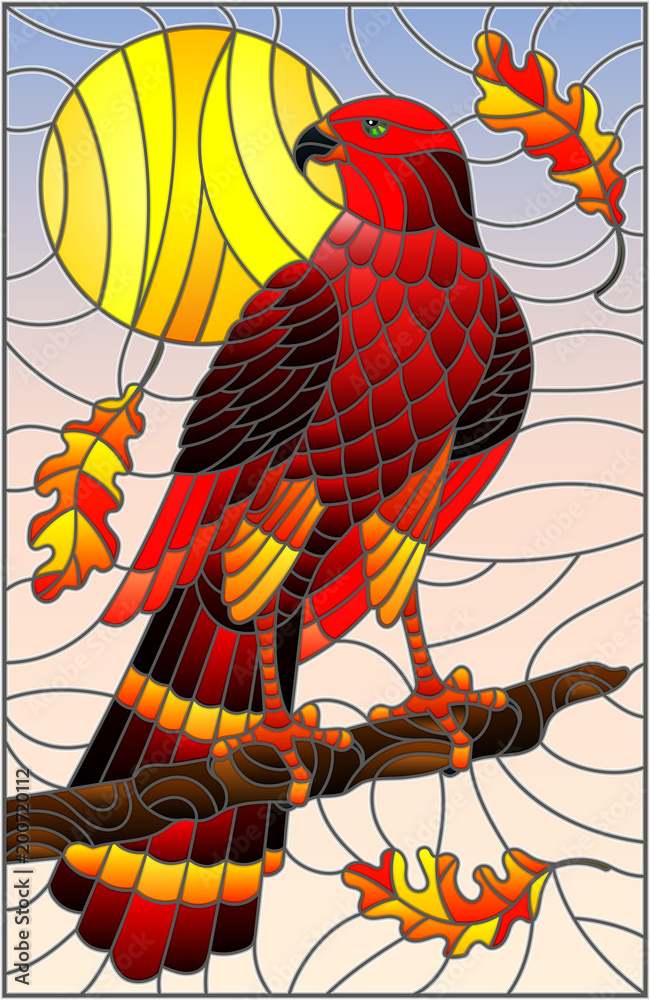 Obraz premium Illustration in stained glass style with fabulous red Falcon sitting on a tree branch against the sky
