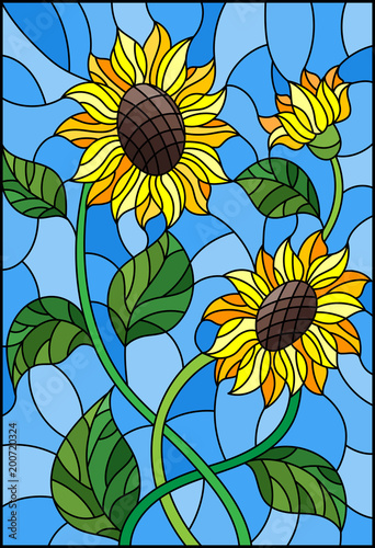 Illustration in stained glass style with a bouquet of sunflowers, flowers,buds and leaves of the flower on blue background