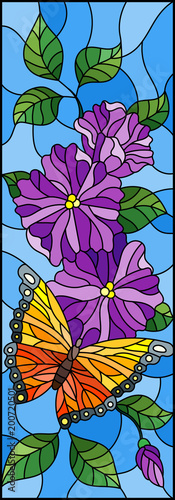 Illustration in stained glass style with bright butterfly against the sky  foliage and flowers on blue background  vertical orientation