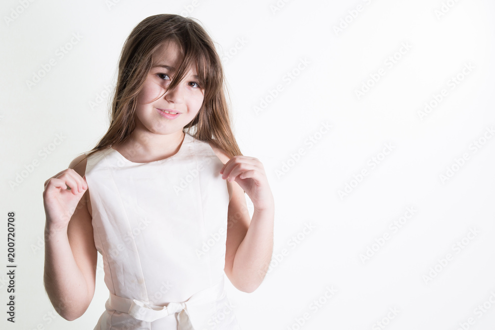 happy smiling little fashion girl on white background in studio happy smiling little fashion girl on white background in studio