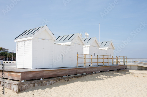 wood hut on sand beach in Arcachon France coast