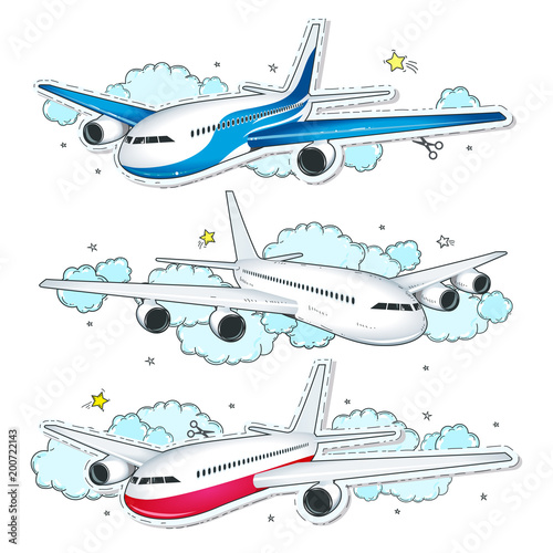 Vector set aircraft, of comic style colorful icons planes
