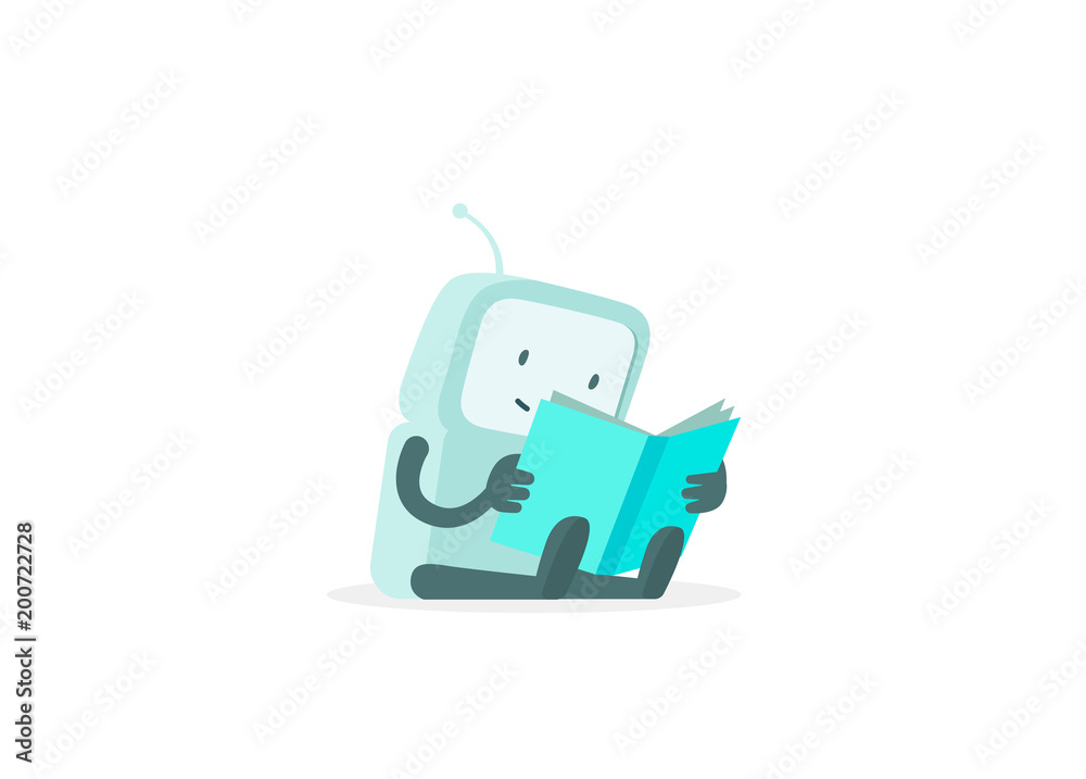 The robot sits reading book. Instructions user guide. Error page not found. Flat color vector illustration The robot sits reading book. Instructions user guide. Error page not found. Flat color vector illustration