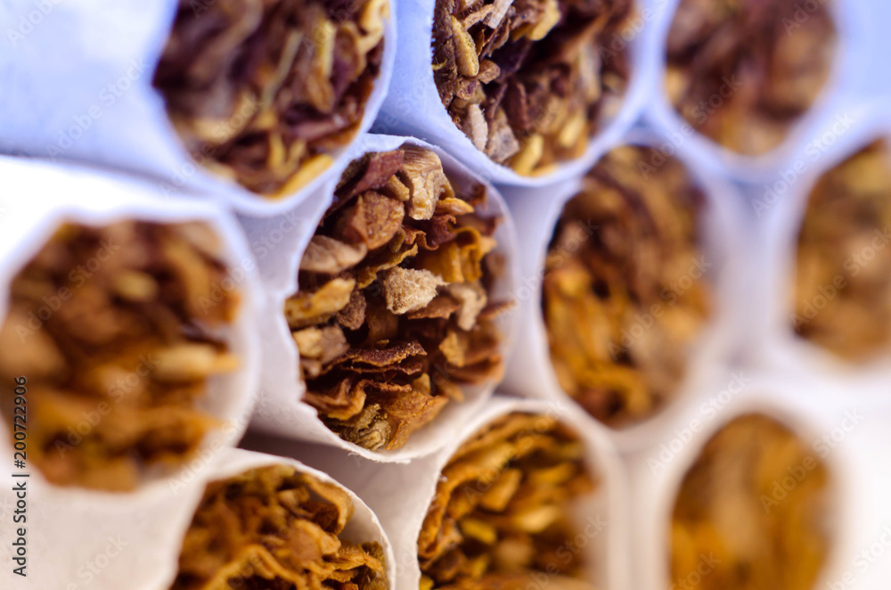 White cigarettes. Tobacco. Macro.