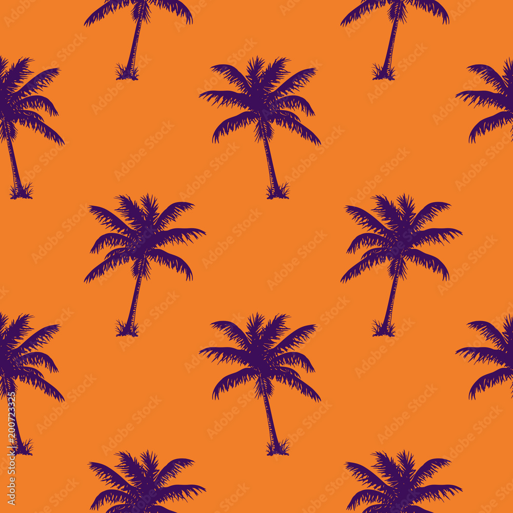 Purple palms on an orange background. Seamless pattern