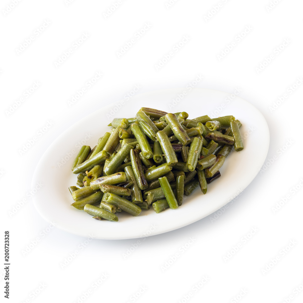 Green beans boiled on a white plate. Isolated Green beans boiled on a white plate. Isolated