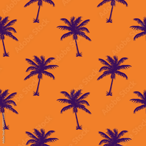 Purple palms on an orange background. Seamless pattern © Oleg