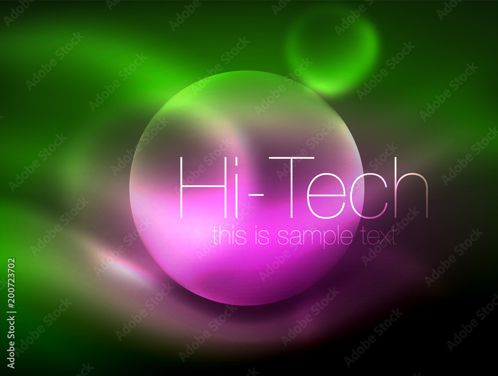 Blurred neon glowing circle, hi-tech modern bubble template, techno glowing glass round shapes or spheres. Geometric abstract background