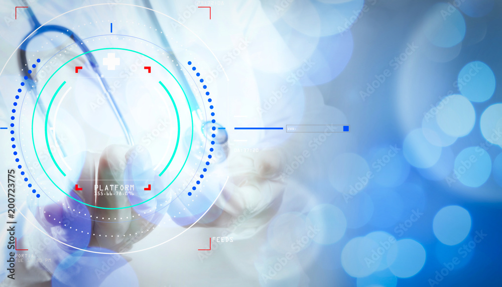 double exposure of success smart medical doctor working with abstract blurry bokeh  background as concept