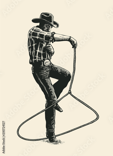 Cowboy Shows Mastery Of The Lasso On Rodeo Show. Hand Drawn Character. Engraving Style. Vector Illustration