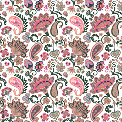 Colorful seamless pattern with fantasy flowers and decorative elements. Paisley. Indian style. Pastel pink, Vector eps8