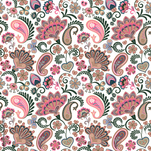 Fototapeta Naklejka Na Ścianę i Meble -  Colorful seamless pattern with fantasy flowers and decorative elements. Paisley. Indian style. Pastel pink, Vector eps8