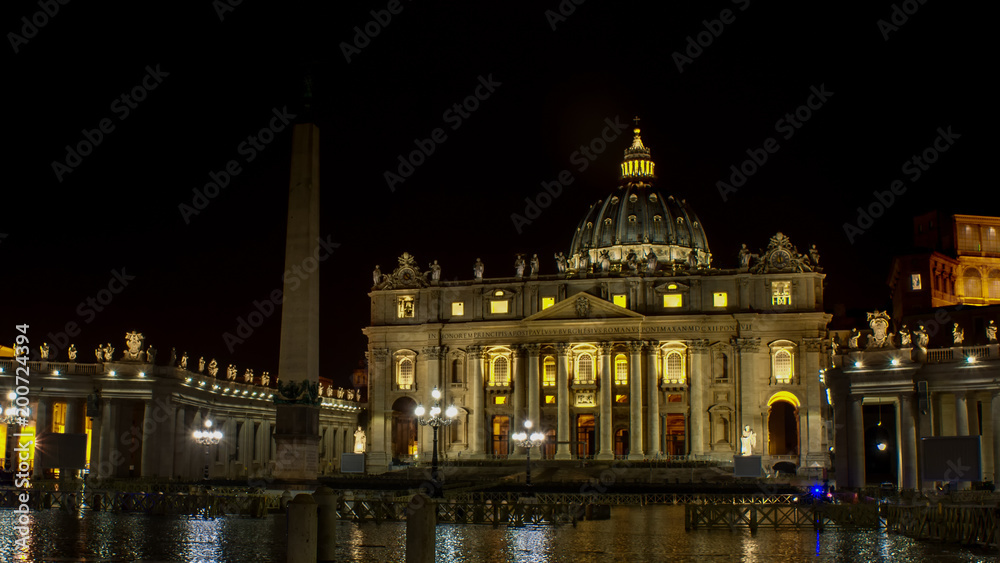 Horizontal View of Piazza San Pietro Wet From the Rain Illuminated by Artificial Lights at Night. Città del Vaticano, Rome, Italy