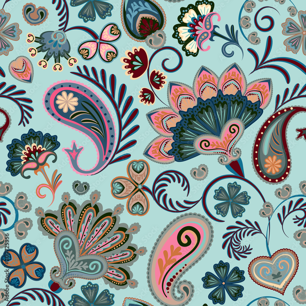 Colorful seamless pattern with fantasy flowers and decorative elements. Paisley. Indian style. Pastel blue pink. Vector eps8