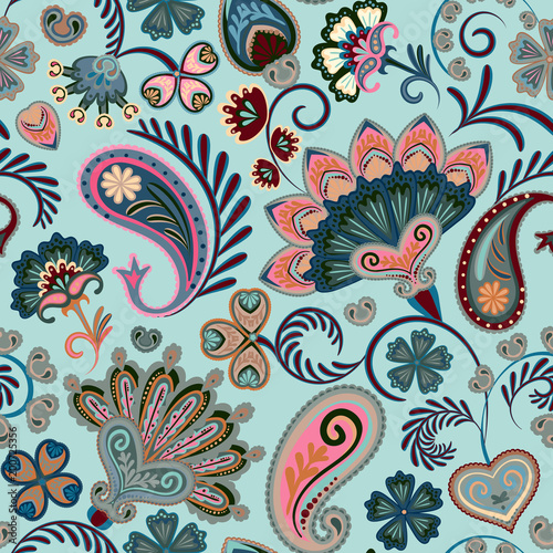 Fototapeta Naklejka Na Ścianę i Meble -  Colorful seamless pattern with fantasy flowers and decorative elements. Paisley. Indian style. Pastel blue pink. Vector eps8