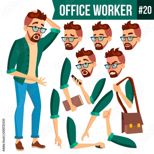 Office Worker Vector. Face Emotions  Gestures. Animation Set. Business Man. Professional Cabinet Workman  Officer  Clerk. Isolated Cartoon Character Illustration