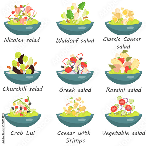 Set of plates with various world cuisine salads color flat icons