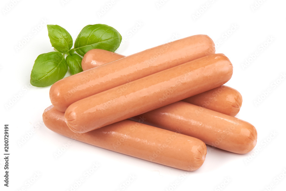 Boiled sausages with basil, isolated on white background. Boiled sausages with basil, isolated on white background.