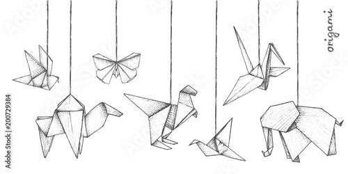 Origami - decoration - 7 gray paper figures of animals