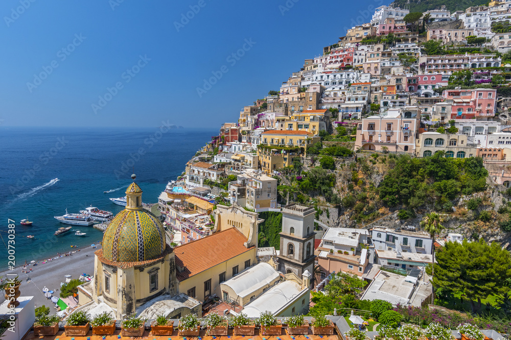 Scenic view of Positano, beautiful Mediterranean village on Amalfi Coast in Campania, Italy.