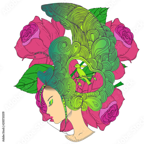 Portrait of pretty young woman in profile view with long beautiful hair with flowers. Vector illustration