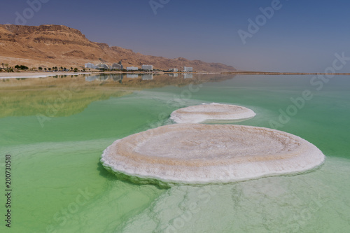 Salt formation in Ein Bokek hotel and resort district on the shore of the Dead Sea, near Neve Zohar, Israel. photo