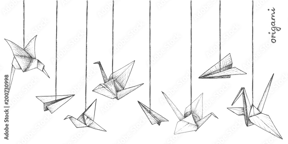 Origami - decoration - 8 gray paper figures - obrazy, fototapety, plakaty 