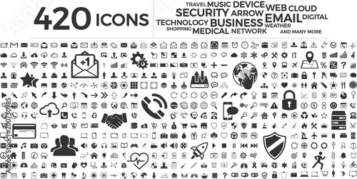 Black web business technology icons set