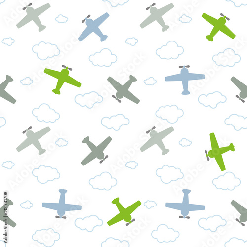 vector seamless children`s colorful pattern planes and clouds