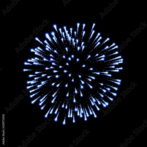 Firework blue bursting isolated black background. Beautiful night fire, explosion decoration, holiday, Christmas, New Year. Symbol festival, American 4th july celebration. Vector illustration