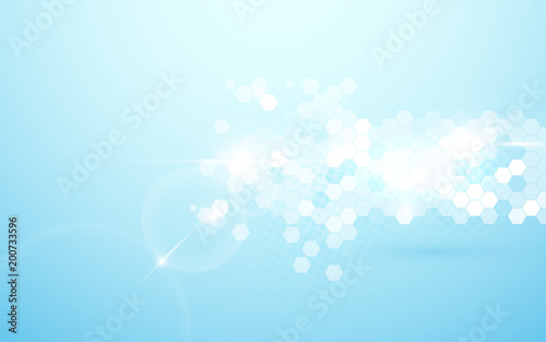 Abstract hexagons in arrow shape, futuristic technology. Soft blue and shiny background
