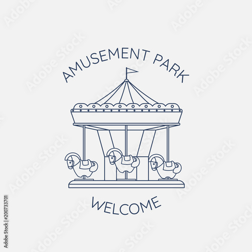 Merry-go-round. Carousel with horses in linear style
