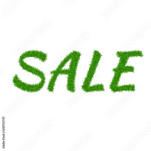 Green grass sale text, isolated white background. Spring or summer nature design for banner, flyer, label or poster offer. Discount sale. Eco 3D texture. Letter grassy signs. Vector illustration