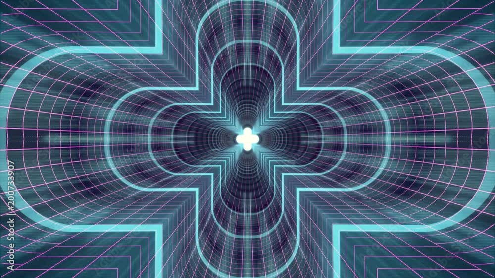 In out flight through VR cross neon PURPLE grid BLUE lights cyber tunnel HUD interface motion graphics animation background new quality retro futuristic vintage style cool nice beautiful video foota