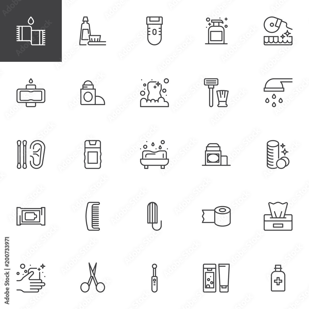 Hygiene elements outline icons set. linear style symbols collection, line signs pack. vector graphics. Set includes icons as Towel, Toothbrush and toothpaste, Electric razor, Soap, Dental floss