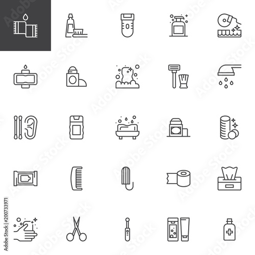 Hygiene elements outline icons set. linear style symbols collection, line signs pack. vector graphics. Set includes icons as Towel, Toothbrush and toothpaste, Electric razor, Soap, Dental floss