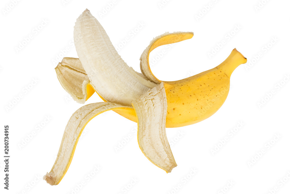 Half of peeled ripe banana on white isolated background. Concept of dietary nutrition and healthy lifestyle. Half of peeled ripe banana on white isolated background. Concept of dietary nutrition and healthy lifestyle.