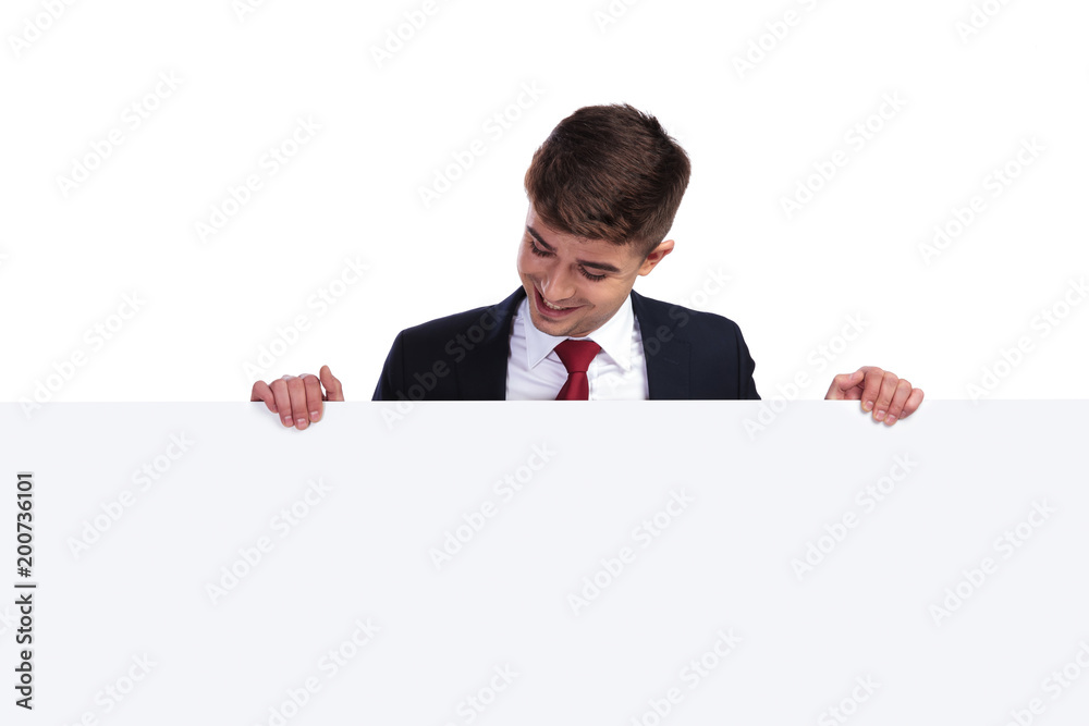 happy businessman holding billboard reads from it happy businessman holding billboard reads from it
