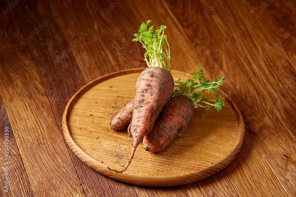 Bundle of carrots with soil on wooden plate over rustic wooden background, side view, close-up, selective focus Bundle of carrots with soil on wooden plate over rustic wooden background, side view, close-up, selective focus