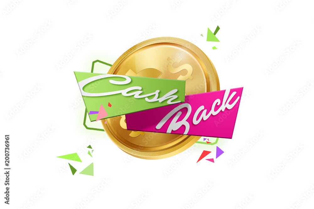 Inscription Cash Back, emblem image and gold coins on white background, isolate. Business concept, money back, finances, customer focus. White, pink, gold color. Illustration, 3d.