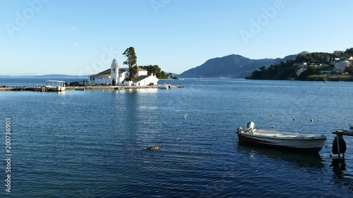 Beautiful Kanoni hill area in Corfu island with Vlacherna Monastery and Pontikonissi island. Mouse Island, Greecee. photo