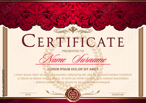 Certificate (horizontal) in the style of vintage, rococo, baroque in the form of a scene with scenes and columns. Decorated with classic floral ornament, flourish. red-gold color scheme