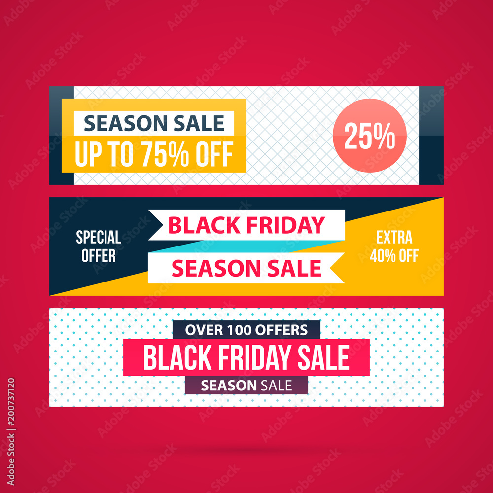 Three horizontal Black Friday banners in modern flat style on vibrant red background