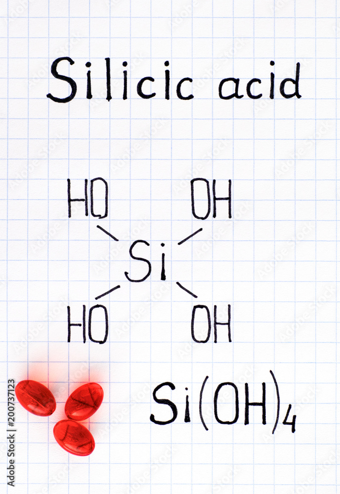 Chemical formula of Silicic acid with red pills.