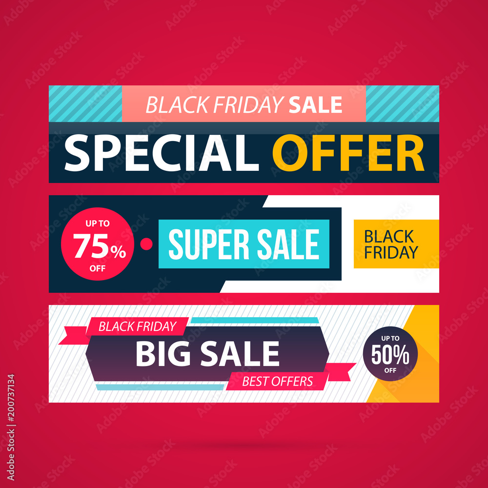 Fototapeta premium Three horizontal Black Friday banners in modern flat style on vibrant red background