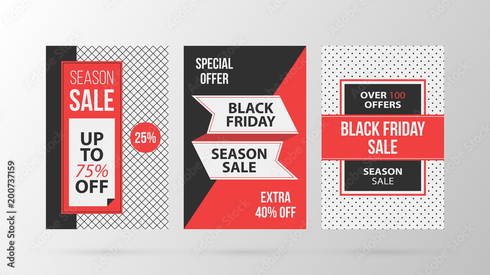 Three vertical Black Friday banners/posters in retro black and red style on gray background